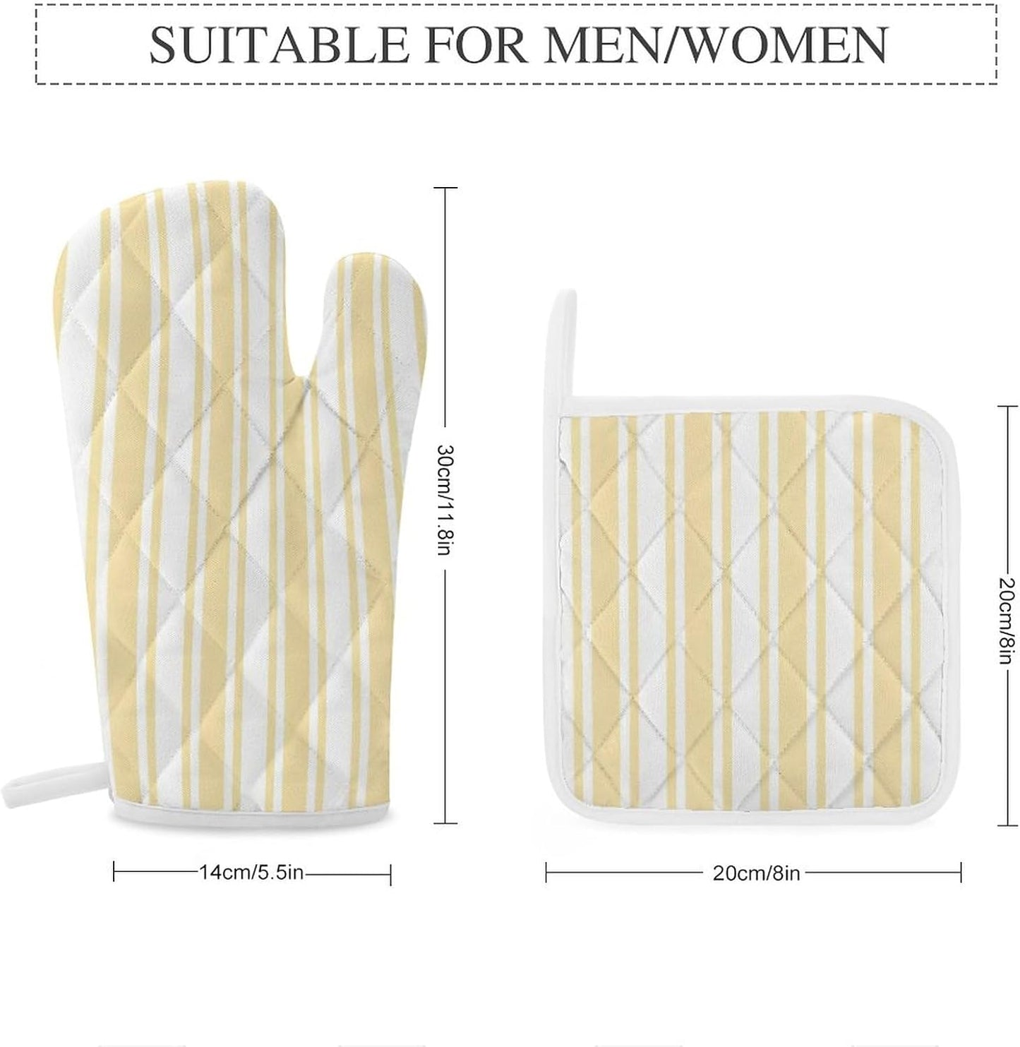 4Pcs Oven Mitts and Potholders, Pale Yellow and White Candy Stripes Oven Mitts Gloves Set Heat Resistant Hot Pads for Kitchen Cooking Grill