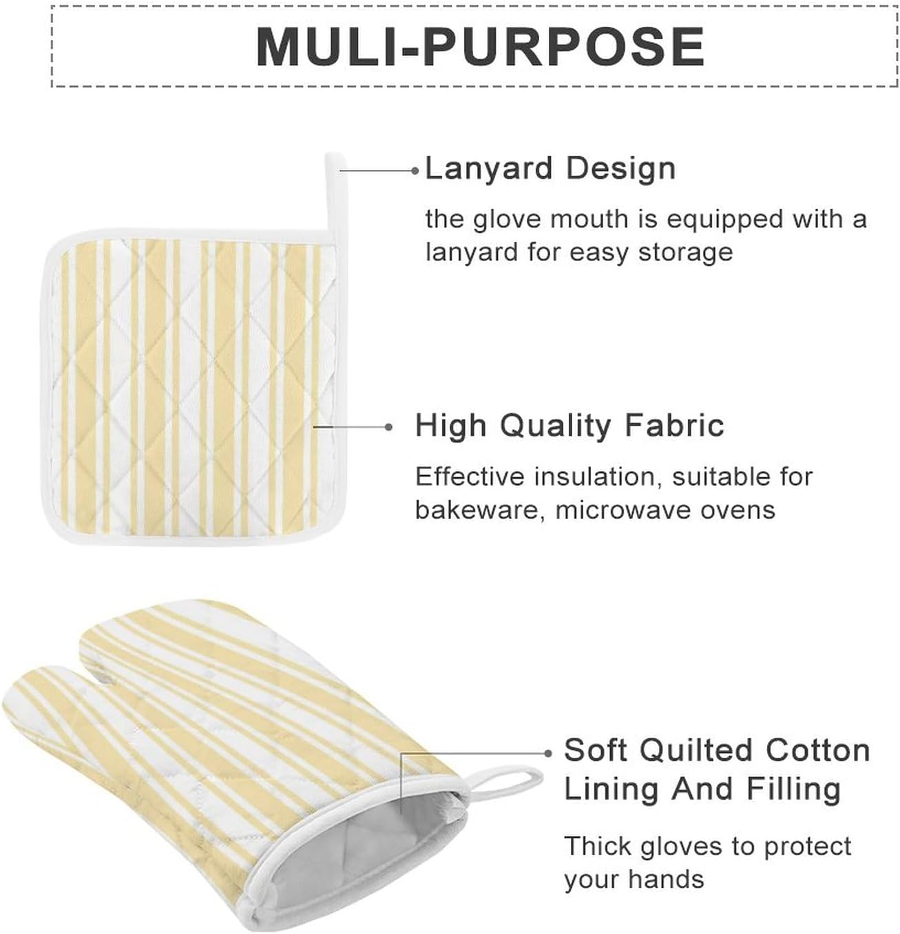 4Pcs Oven Mitts and Potholders, Pale Yellow and White Candy Stripes Oven Mitts Gloves Set Heat Resistant Hot Pads for Kitchen Cooking Grill