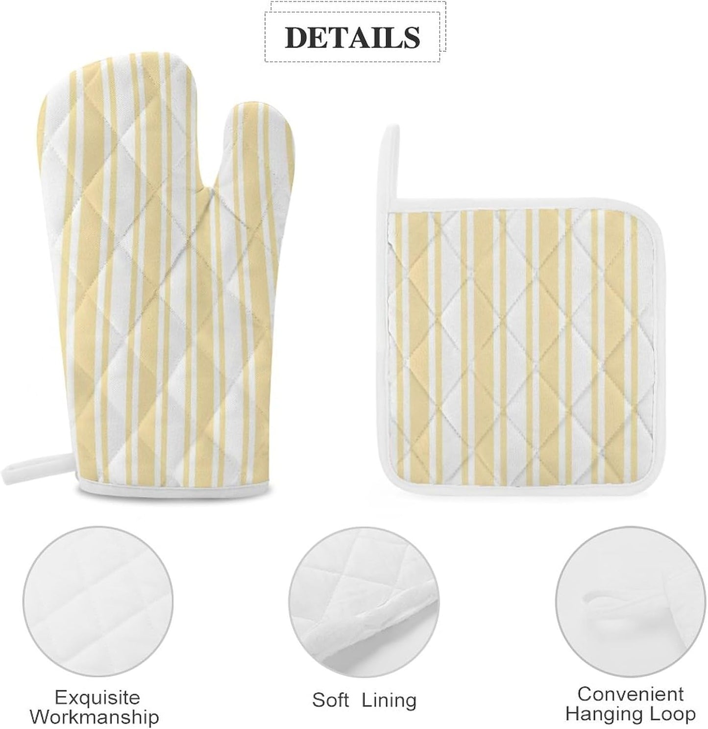 4Pcs Oven Mitts and Potholders, Pale Yellow and White Candy Stripes Oven Mitts Gloves Set Heat Resistant Hot Pads for Kitchen Cooking Grill