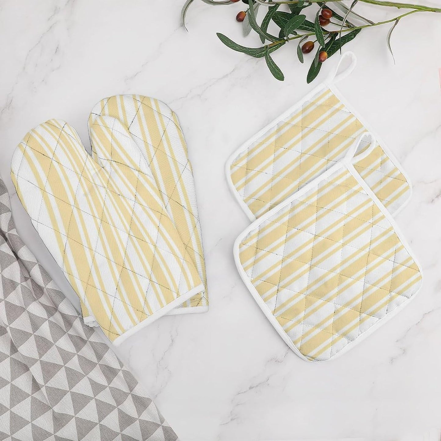 4Pcs Oven Mitts and Potholders, Pale Yellow and White Candy Stripes Oven Mitts Gloves Set Heat Resistant Hot Pads for Kitchen Cooking Grill