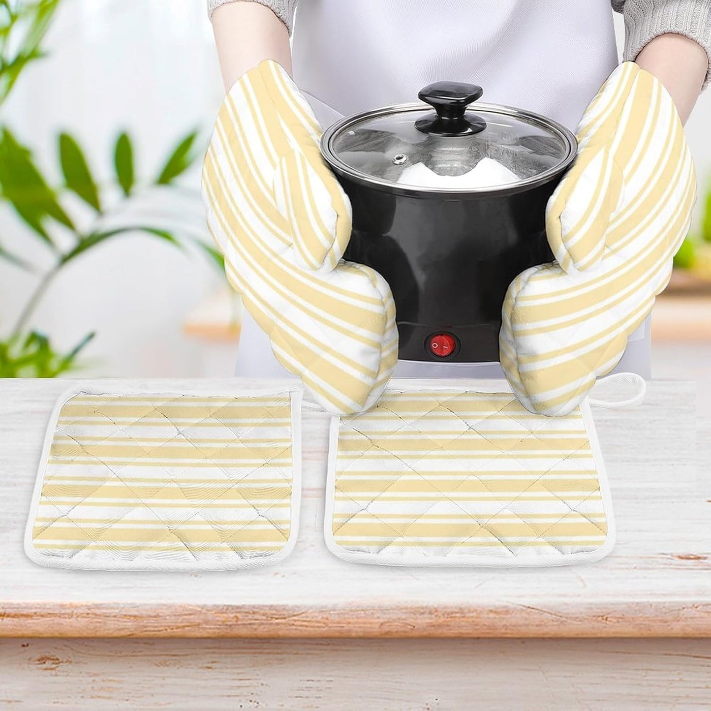 4Pcs Oven Mitts and Potholders, Pale Yellow and White Candy Stripes Oven Mitts Gloves Set Heat Resistant Hot Pads for Kitchen Cooking Grill
