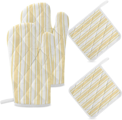 4Pcs Oven Mitts and Potholders, Pale Yellow and White Candy Stripes Oven Mitts Gloves Set Heat Resistant Hot Pads for Kitchen Cooking Grill
