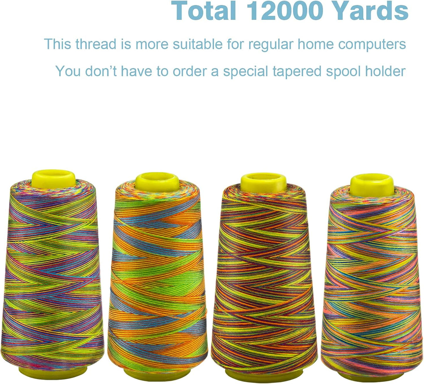 Rainbow Variegated Serger Thread, All-Purpose Thread for Sewing, Polyester, 4 Cones of 3000 Yards Each Spool for Sewing Machine