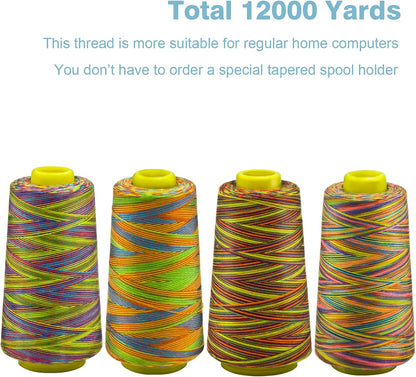Rainbow Variegated Serger Thread, All-Purpose Thread for Sewing, Polyester, 4 Cones of 3000 Yards Each Spool for Sewing Machine