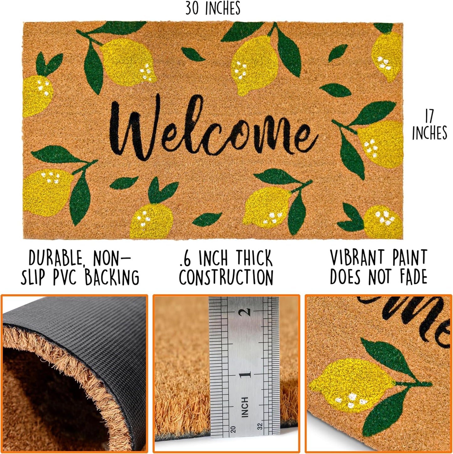 MAINEVENT Lemon Doormat, 30x17 Inch, Outdoor Rug, Yellow Coir Doormat, Hello Spring Door Mat | Non-Slip PVC Backing, No-bleed Stays Vibrant in Covered Outdoor Areas