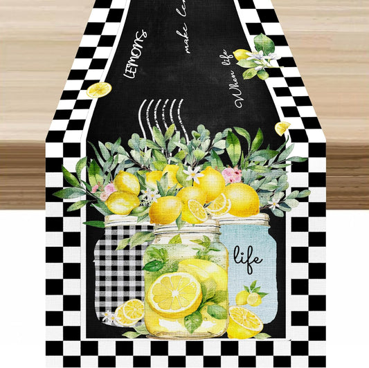 Lemon Fruit Table Runner, Vintage Rustic Lattice Watercolour Vase Lemon Fruit Botanical Flower Table Decor Table Top Kitchen Dining Wedding Party 13x36In