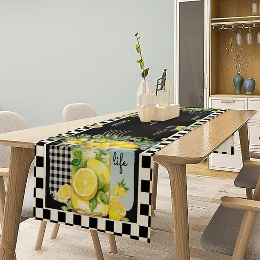 Lemon Fruit Table Runner, Vintage Rustic Lattice Watercolour Vase Lemon Fruit Botanical Flower Table Decor Table Top Kitchen Dining Wedding Party 13x36In