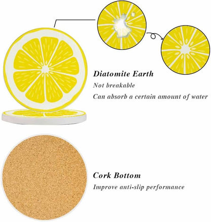Lemon Slice Style Citrus Fresh Fruit Juice Organic Summer Absorbent Drink Coaster Set of 2 Unique Beer Beverage Coasters for Coffee Table Cup Bar Cute Cork Ceramic Coasters