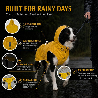 Dog Raincoat for Large Dogs | Waterproof Rain Jacket with Detachable Hood, Reflective, Adjustable Belly Strap, Harness & Leash Hole, Yellow