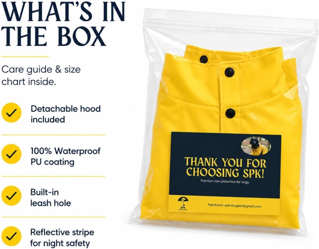 Dog Raincoat for Large Dogs | Waterproof Rain Jacket with Detachable Hood, Reflective, Adjustable Belly Strap, Harness & Leash Hole, Yellow