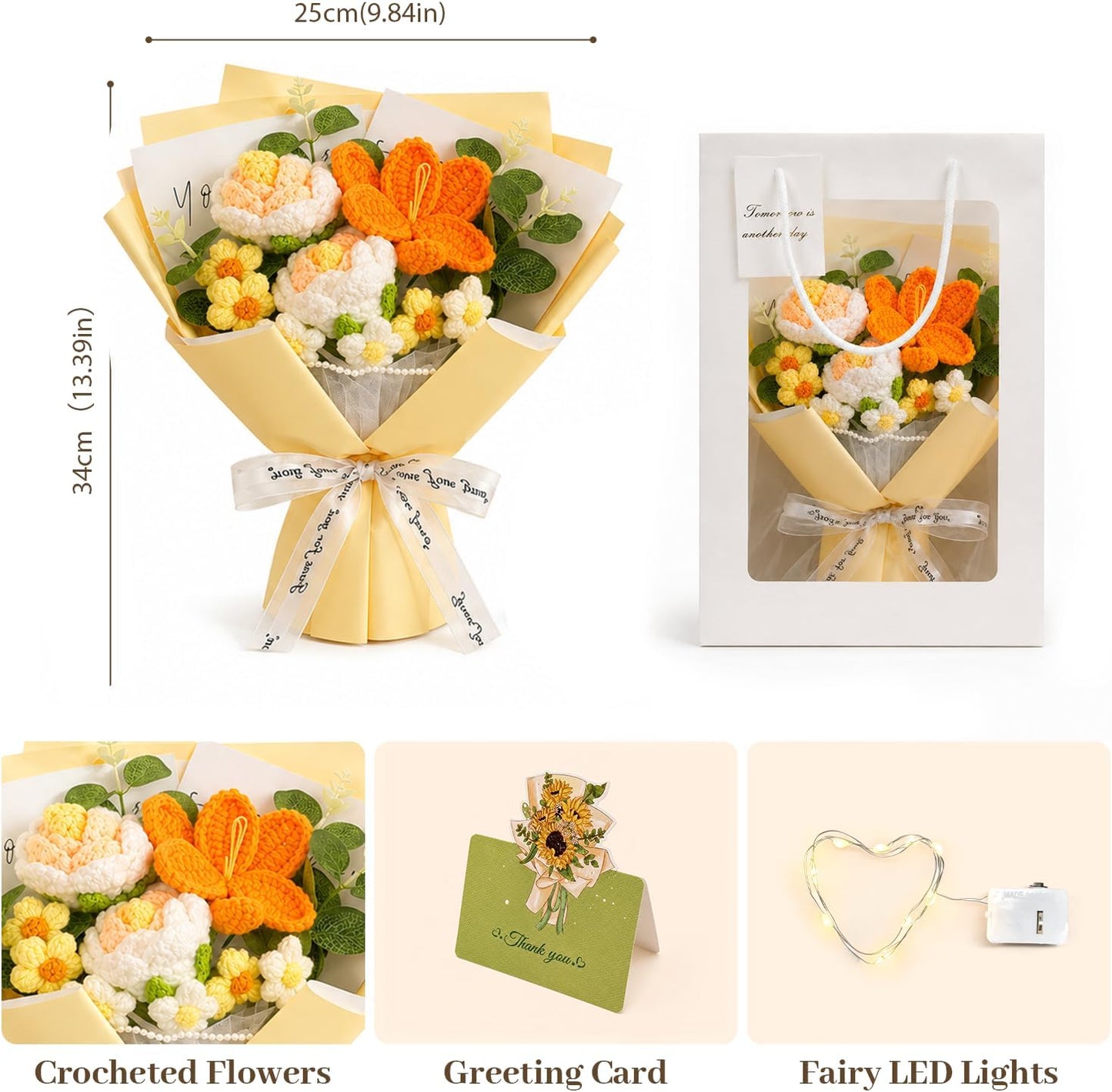 Crochet Flower Bouquet, 9-Flower Hand-Knitted Rose Gifts for Women (Yellow) | 13.4" Gift Set with Fairy Lights, Card, Bag for Mother's Day, Birthday, Anniversary, Valentine's Day, Christmas, Holidays