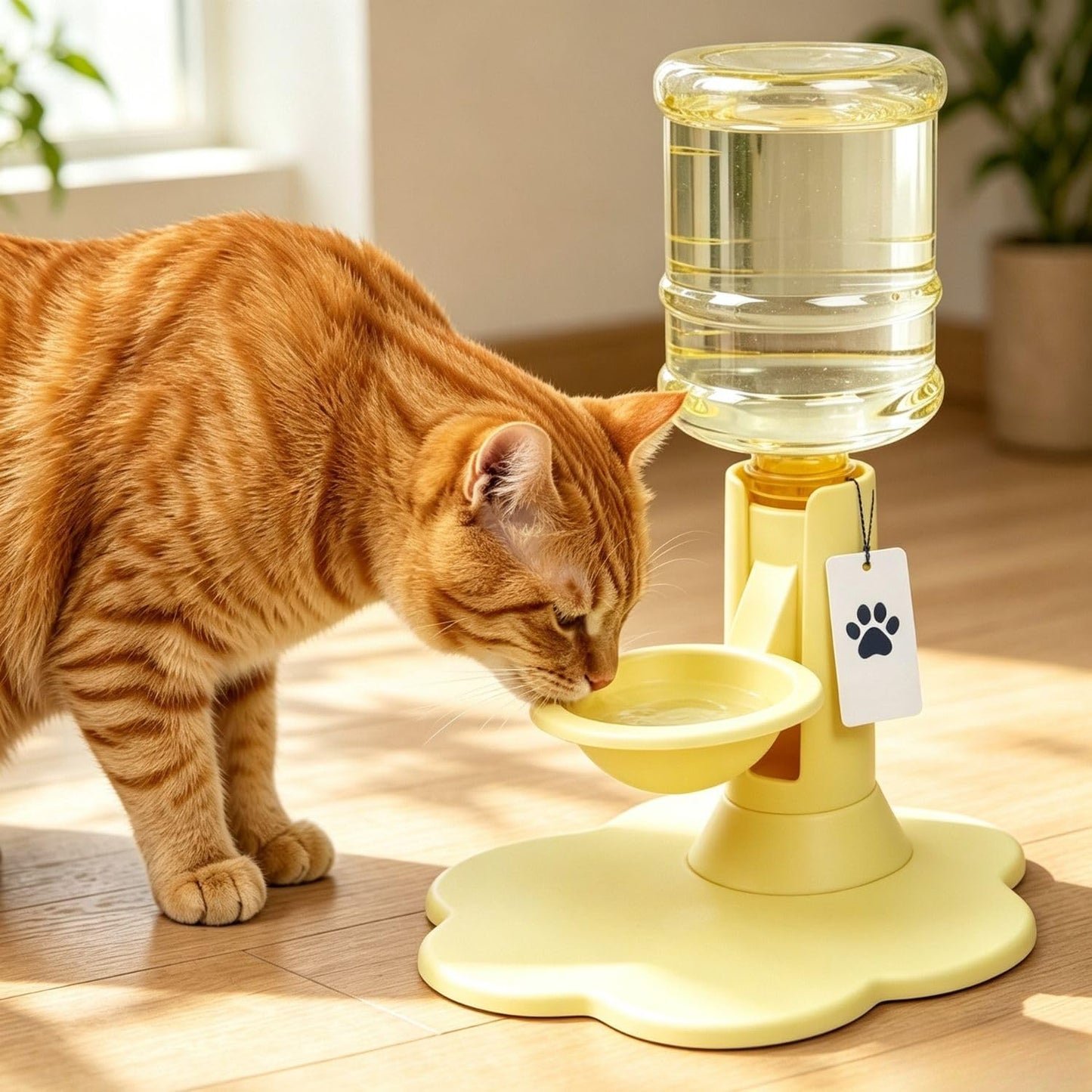 Cat Water Dispenser Stand Automatic Refill Bowl, Fits 650 mL Bottles Elevated Drinking Tray Offers Easy Access for Pets Tile Wood and Indoor Floors, Yellow
