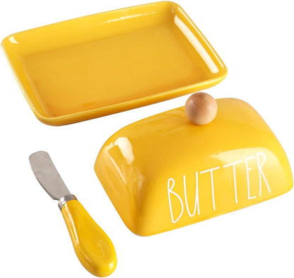 Porcelain Butter Dish with Lid & Knife, Covered Butter Container with Handle Design for Countertop,Yellow