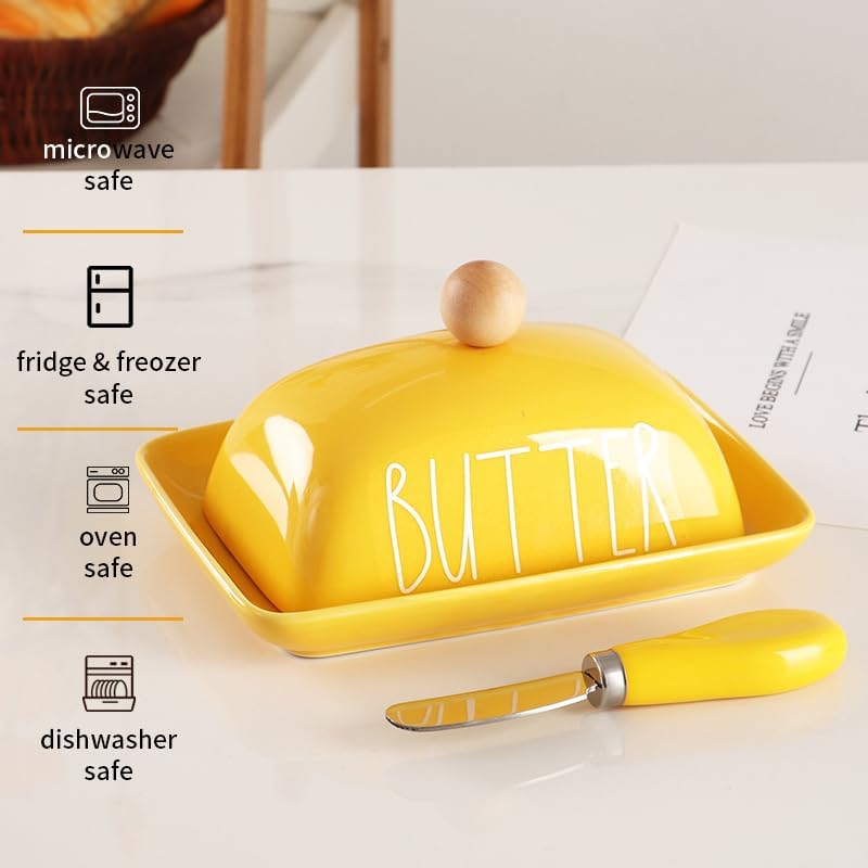 Porcelain Butter Dish with Lid & Knife, Covered Butter Container with Handle Design for Countertop,Yellow