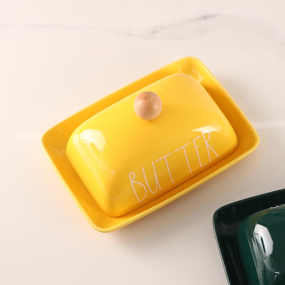 Porcelain Butter Dish with Lid & Knife, Covered Butter Container with Handle Design for Countertop,Yellow
