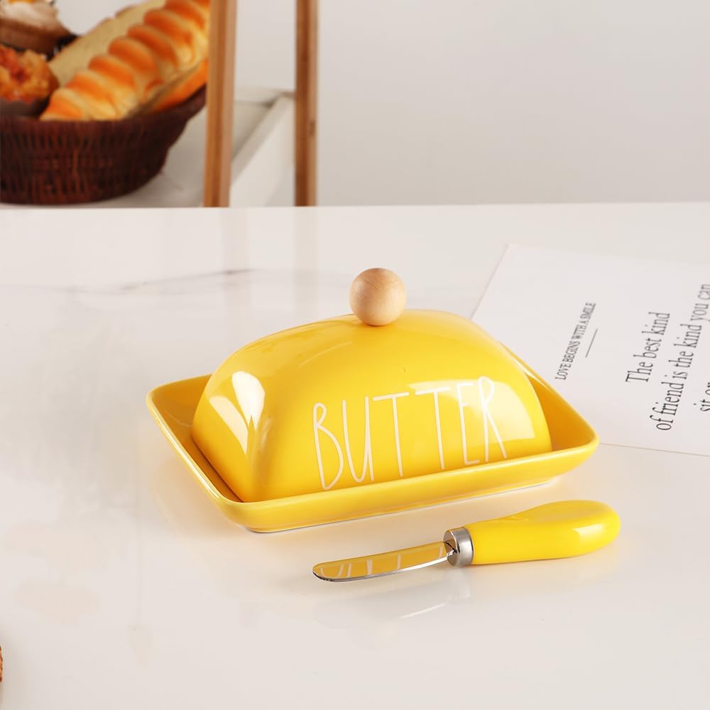 Porcelain Butter Dish with Lid & Knife, Covered Butter Container with Handle Design for Countertop,Yellow