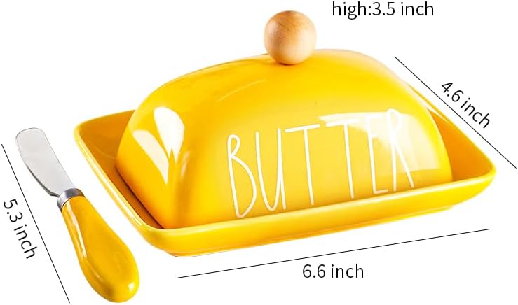 Porcelain Butter Dish with Lid & Knife, Covered Butter Container with Handle Design for Countertop,Yellow