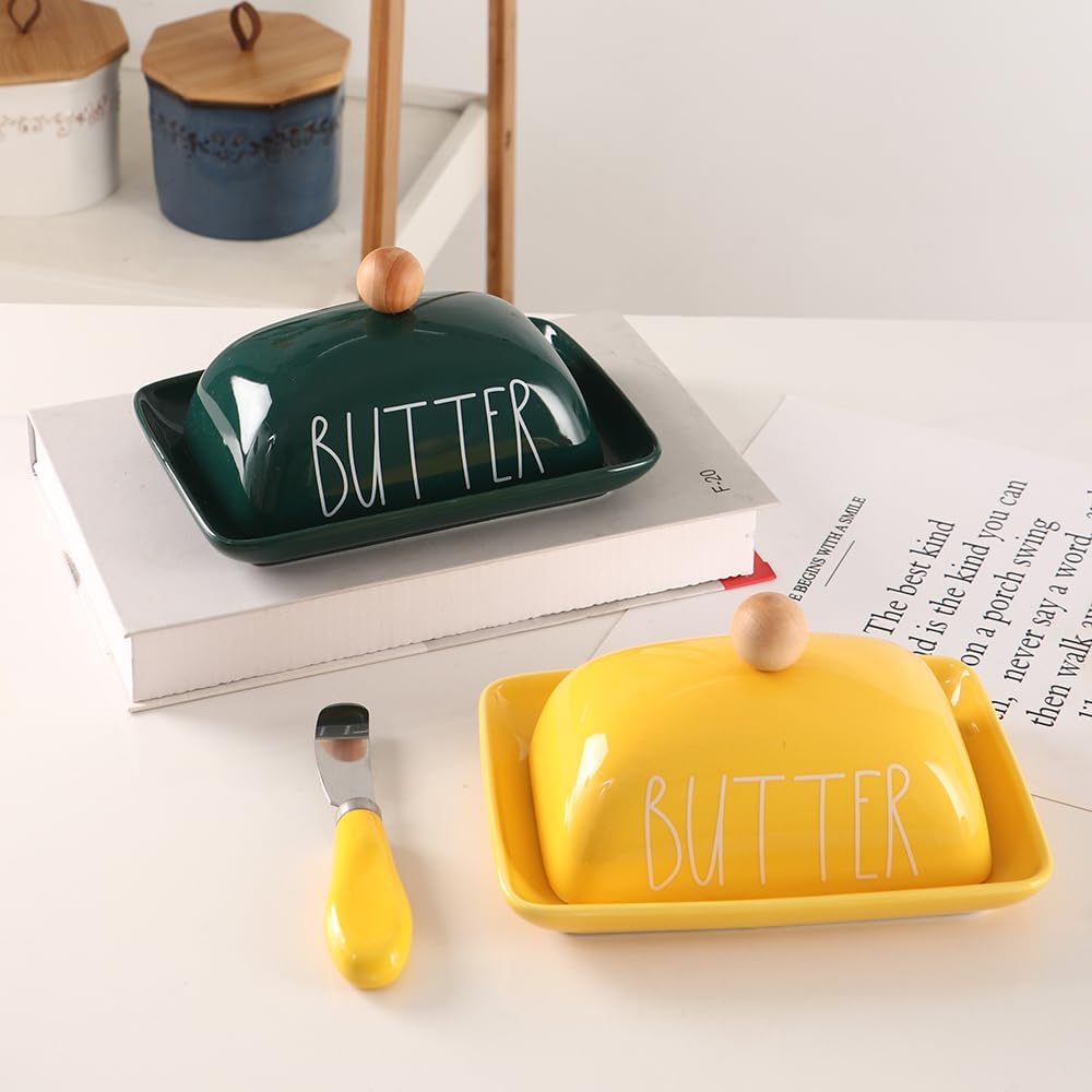 Porcelain Butter Dish with Lid & Knife, Covered Butter Container with Handle Design for Countertop,Yellow