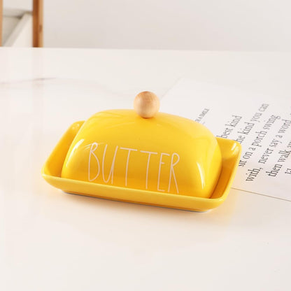Porcelain Butter Dish with Lid & Knife, Covered Butter Container with Handle Design for Countertop,Yellow