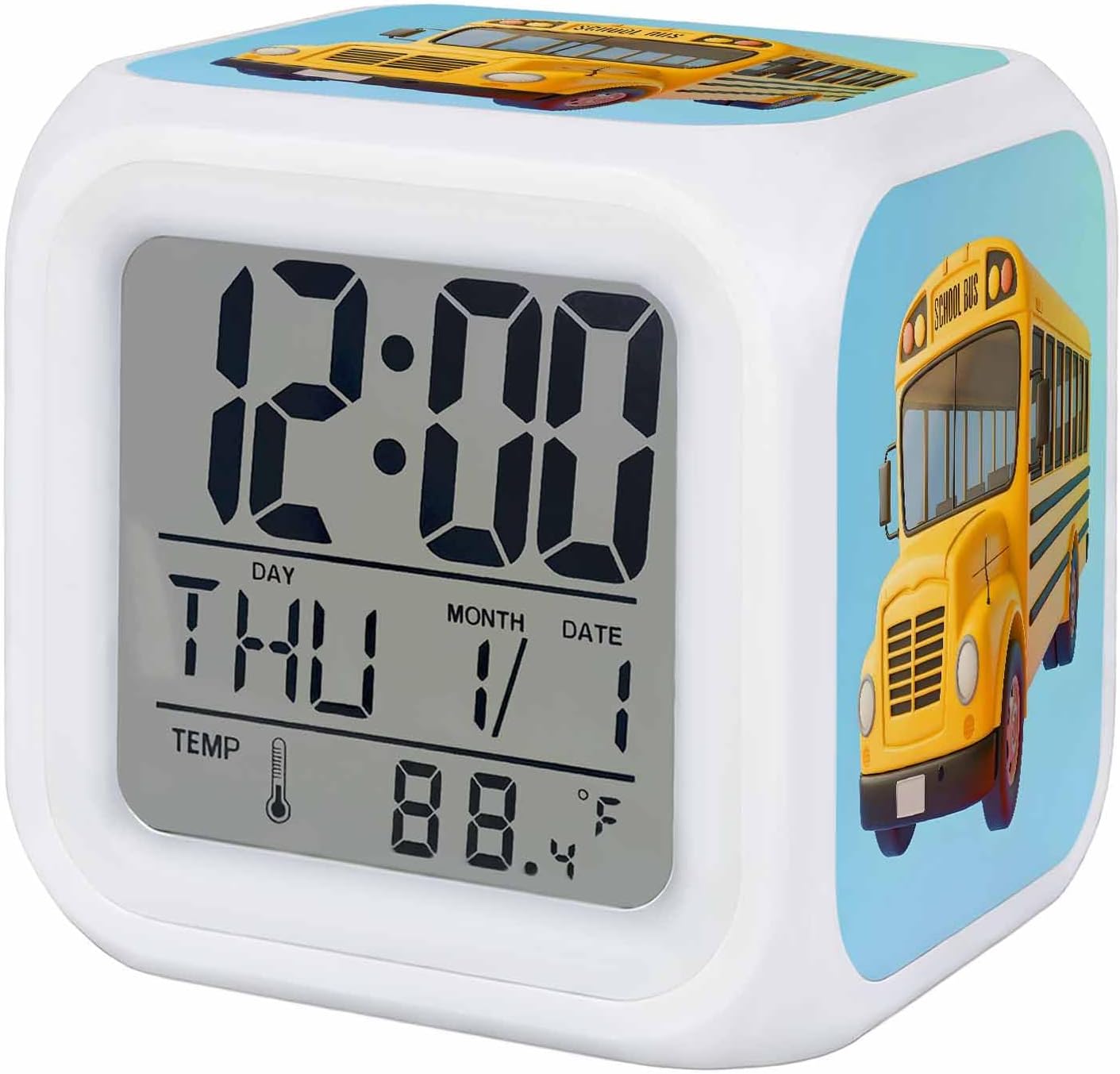 Alarm Clock, School Bus 7 Color LED Digital Clock for Bedroom, Cartoon Funny Yellow Transportation Truck Blue Small Desk Clocks for Living Room Bedside Office, Battery Operated, Temperature and Date