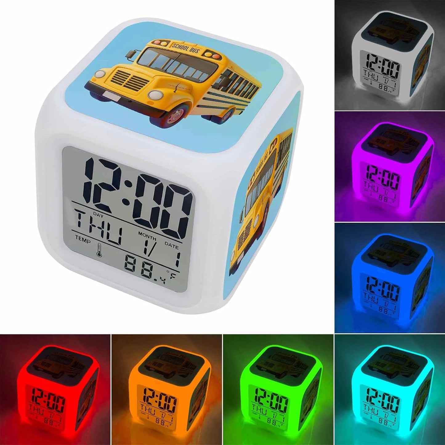 Alarm Clock, School Bus 7 Color LED Digital Clock for Bedroom, Cartoon Funny Yellow Transportation Truck Blue Small Desk Clocks for Living Room Bedside Office, Battery Operated, Temperature and Date