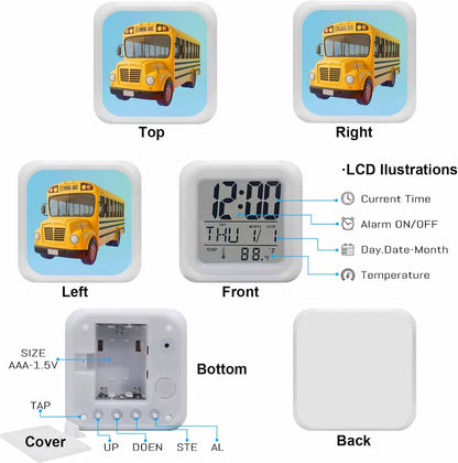 Alarm Clock, School Bus 7 Color LED Digital Clock for Bedroom, Cartoon Funny Yellow Transportation Truck Blue Small Desk Clocks for Living Room Bedside Office, Battery Operated, Temperature and Date