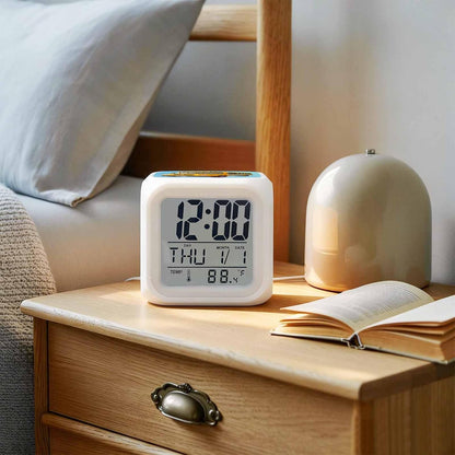 Alarm Clock, School Bus 7 Color LED Digital Clock for Bedroom, Cartoon Funny Yellow Transportation Truck Blue Small Desk Clocks for Living Room Bedside Office, Battery Operated, Temperature and Date
