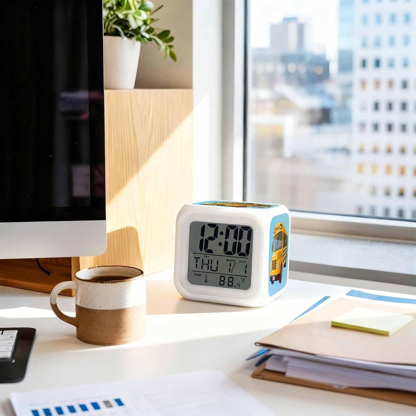 Alarm Clock, School Bus 7 Color LED Digital Clock for Bedroom, Cartoon Funny Yellow Transportation Truck Blue Small Desk Clocks for Living Room Bedside Office, Battery Operated, Temperature and Date