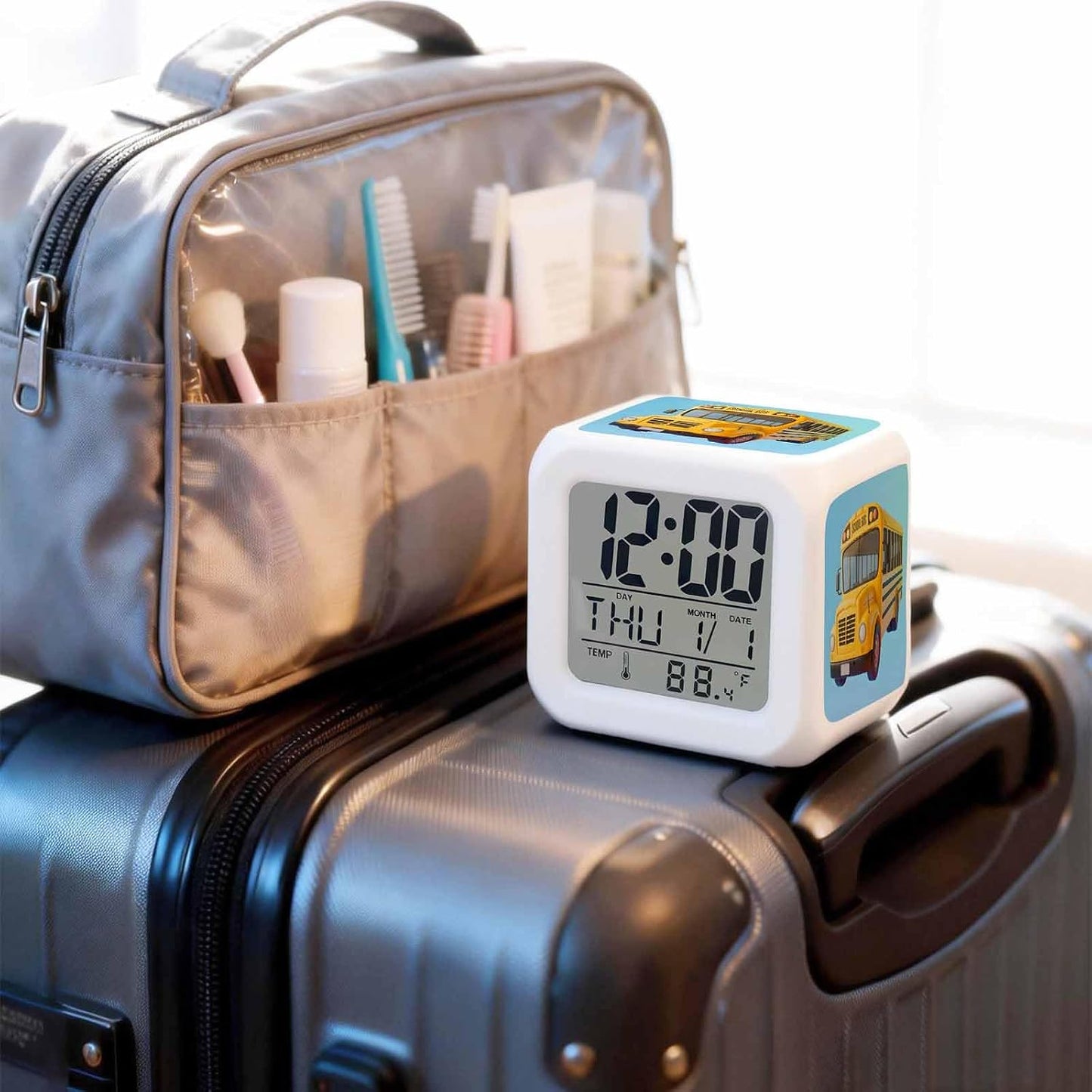 Alarm Clock, School Bus 7 Color LED Digital Clock for Bedroom, Cartoon Funny Yellow Transportation Truck Blue Small Desk Clocks for Living Room Bedside Office, Battery Operated, Temperature and Date
