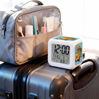 Alarm Clock, School Bus 7 Color LED Digital Clock for Bedroom, Cartoon Funny Yellow Transportation Truck Blue Small Desk Clocks for Living Room Bedside Office, Battery Operated, Temperature and Date
