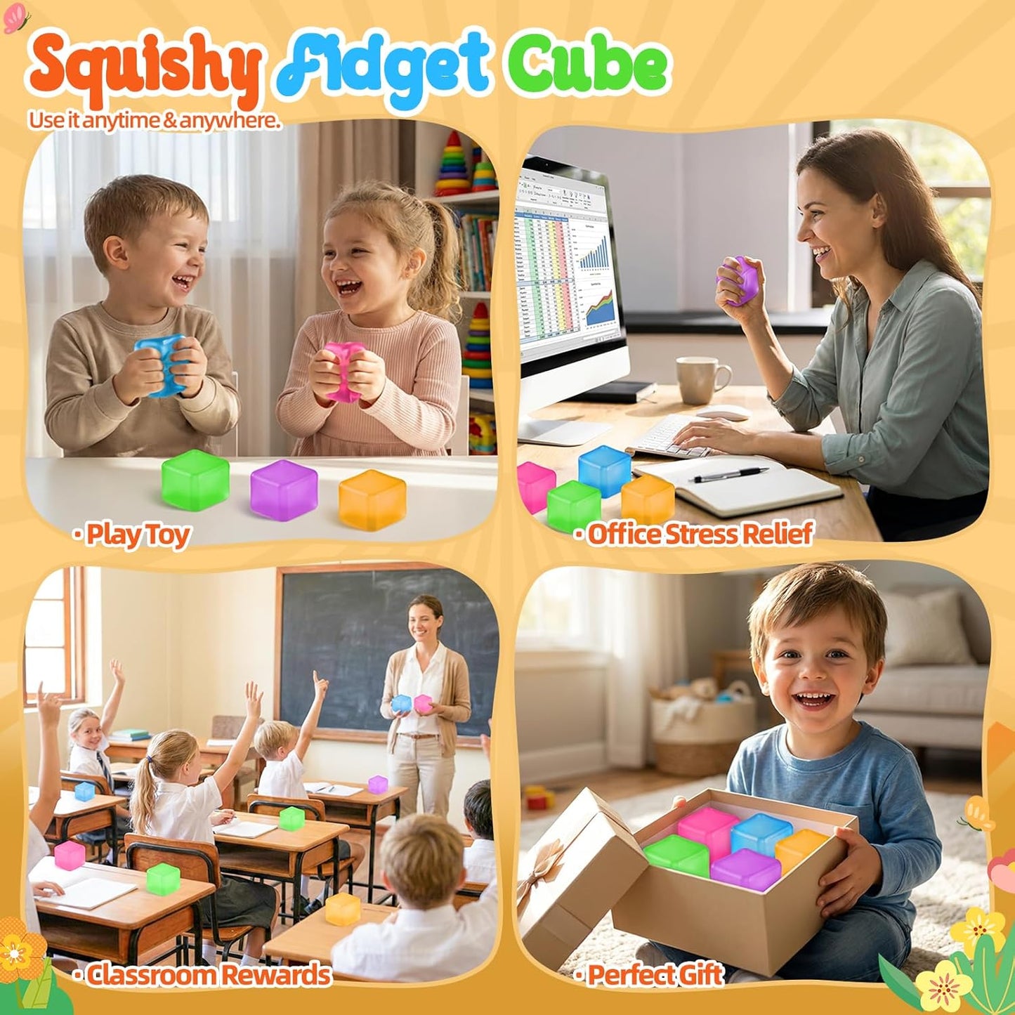 Squishy Cube for Kids & Adults, Ice Cube Squishy Slow Rising Squishy Fidget Toys, Squeeze Toys for Stress Relief, Classroom Prizes Party Favors Birthday Gifts(Yellow)