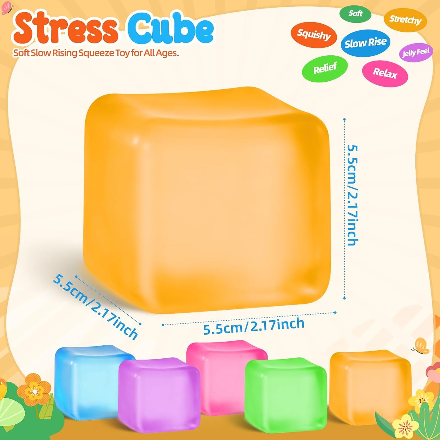 Squishy Cube for Kids & Adults, Ice Cube Squishy Slow Rising Squishy Fidget Toys, Squeeze Toys for Stress Relief, Classroom Prizes Party Favors Birthday Gifts(Yellow)