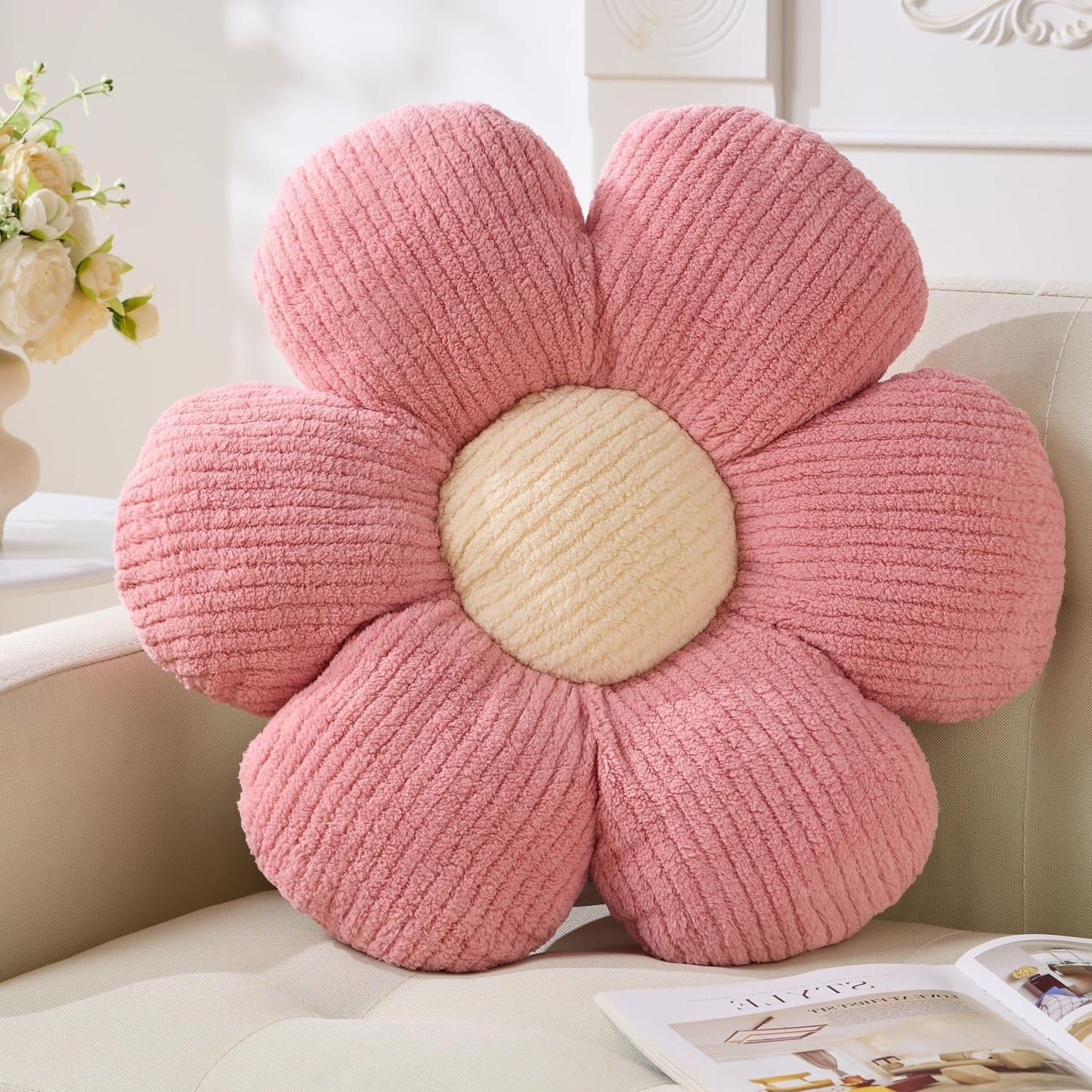Flower Pillow,19.6" Daisy Pillow Pink Throw Pillows | Decorative Pillows,Fleece,PP Cotton Filling,Flower Shaped,Seating Cushion,for Sofa Couch Bed,Spring Cute Home Decor