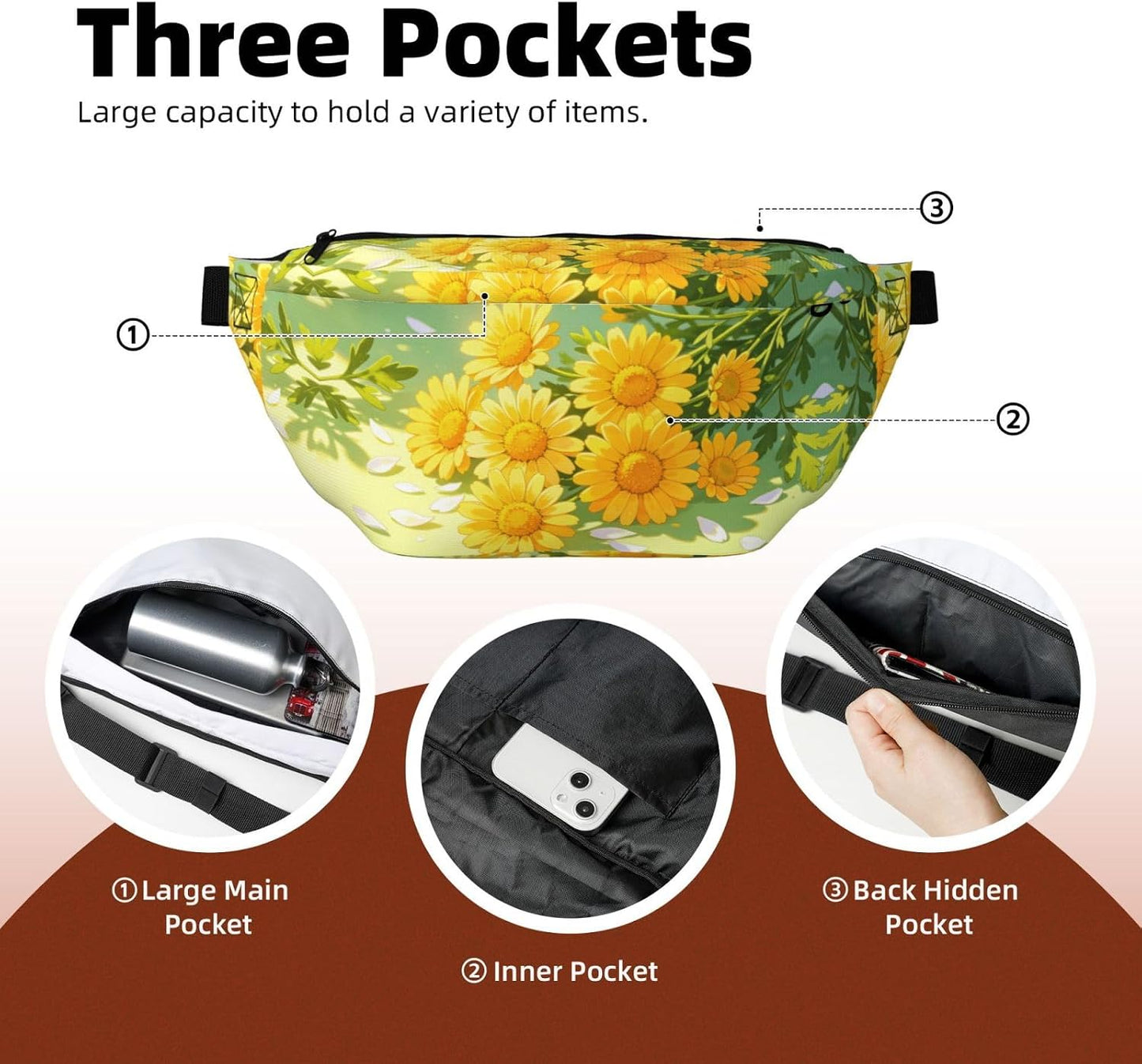Yellow Daisy Pattern Running Waist Pack-No-Bounce Phone Holder for Gym, Waterproof Crossbody Fanny Pack with Adjustable Belt