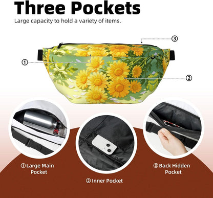 Yellow Daisy Pattern Running Waist Pack-No-Bounce Phone Holder for Gym, Waterproof Crossbody Fanny Pack with Adjustable Belt