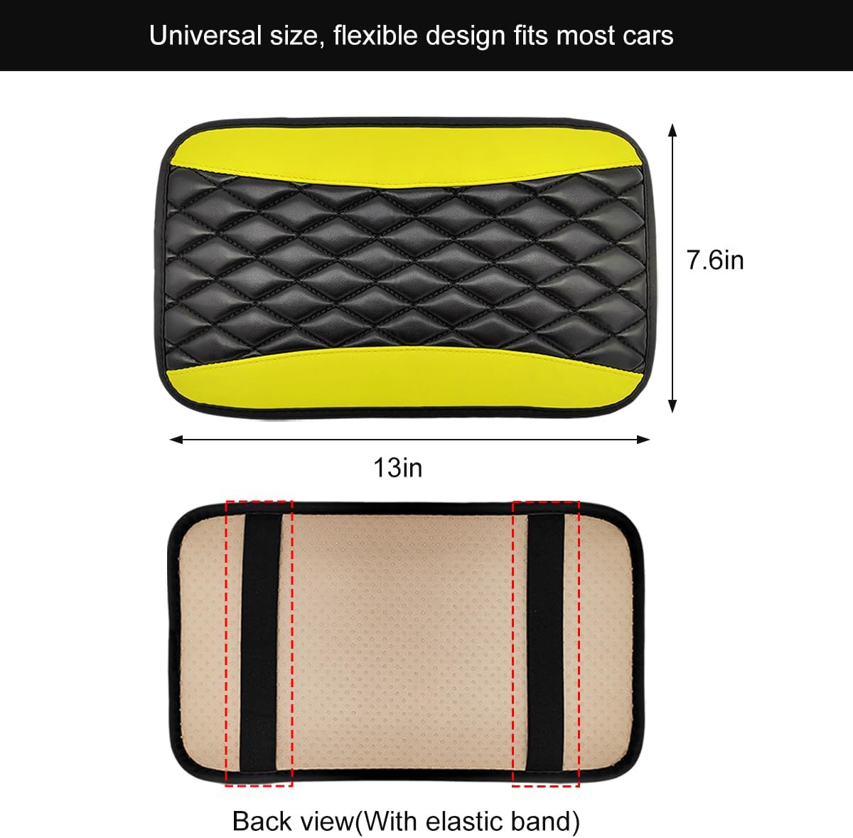 Car Center Console Cushion Pad, 12.6 × 7.48 Inches Waterproof Car Armrest Seat Box Cover, PU Leather Armrest Cover Protector for Most Vehicle, Universal Car Interior Accessories (Black+Yellow)