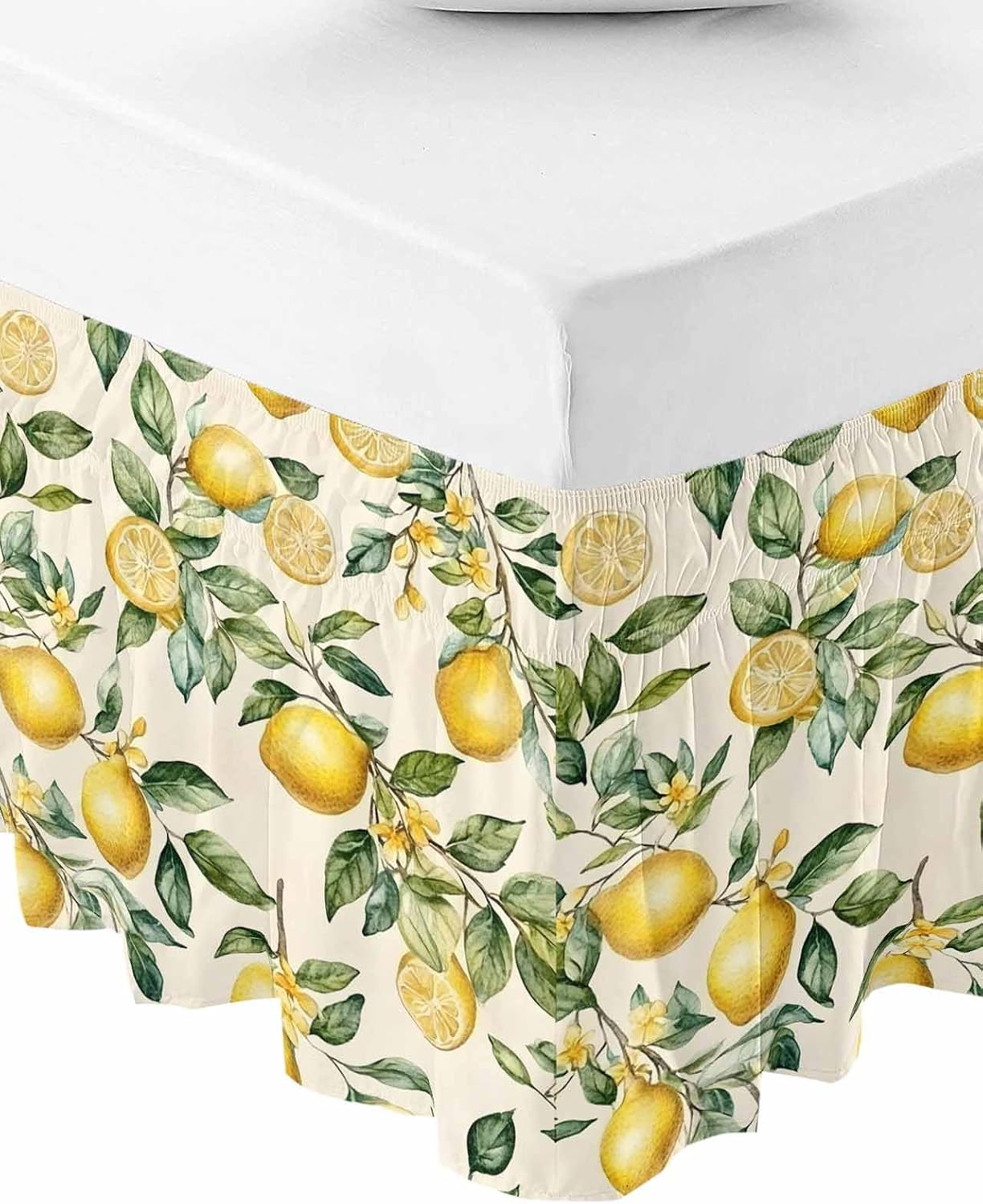 Yellow Lemon Bed Skirt Queen Size 16 Inch Drop, Adjustable Elastic Wrap Around Bed Skirts Easy Fitting Dust Ruffle Bedskirt Bed Frame Cover Spring Floral Flower Fruit Farmhouse Modern