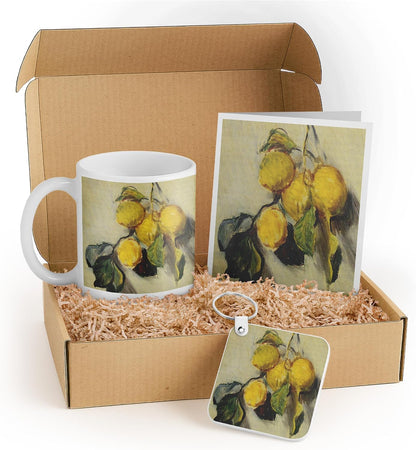 Art-Inspired Gift Set: Mug, Card, and Keychain with Yellow Lemons on Green Background - Perfect for Home Decor, Housewarming, and Birthdays