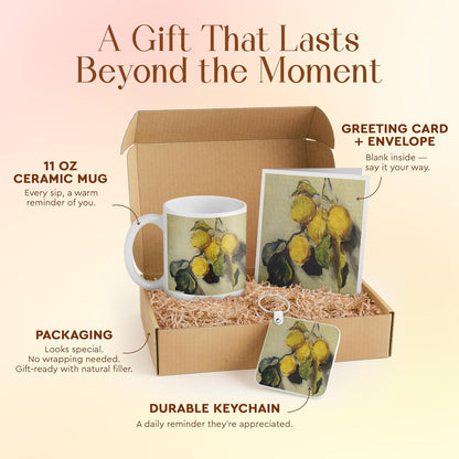Art-Inspired Gift Set: Mug, Card, and Keychain with Yellow Lemons on Green Background - Perfect for Home Decor, Housewarming, and Birthdays