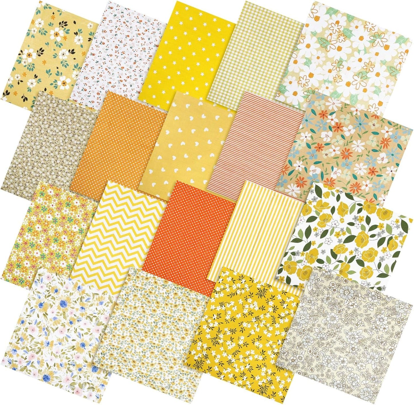 20 Pcs 10''x10'' Yellow Flower Quilting Fabric Square Spring Floral Precuts Quilted Fabric Bundle Plaid Polka Dot Stripes Printed Sewing Material for Summer Patchwork DIY Craft Supplies