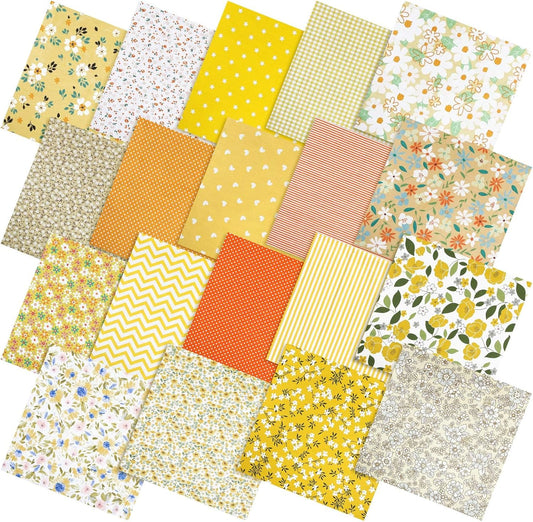 20 Pcs 10''x10'' Yellow Flower Quilting Fabric Square Spring Floral Precuts Quilted Fabric Bundle Plaid Polka Dot Stripes Printed Sewing Material for Summer Patchwork DIY Craft Supplies