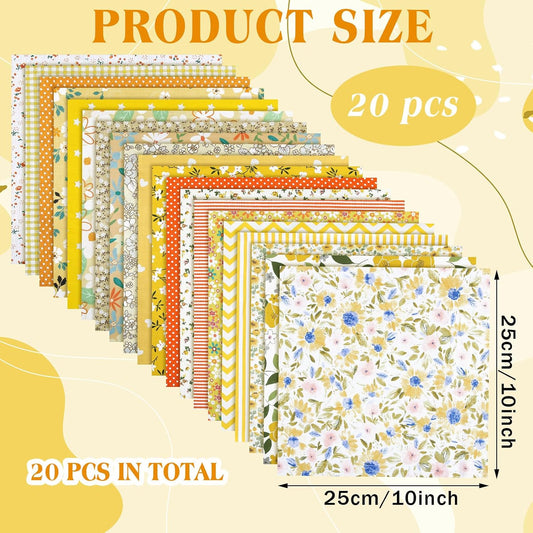 20 Pcs 10''x10'' Yellow Flower Quilting Fabric Square Spring Floral Precuts Quilted Fabric Bundle Plaid Polka Dot Stripes Printed Sewing Material for Summer Patchwork DIY Craft Supplies
