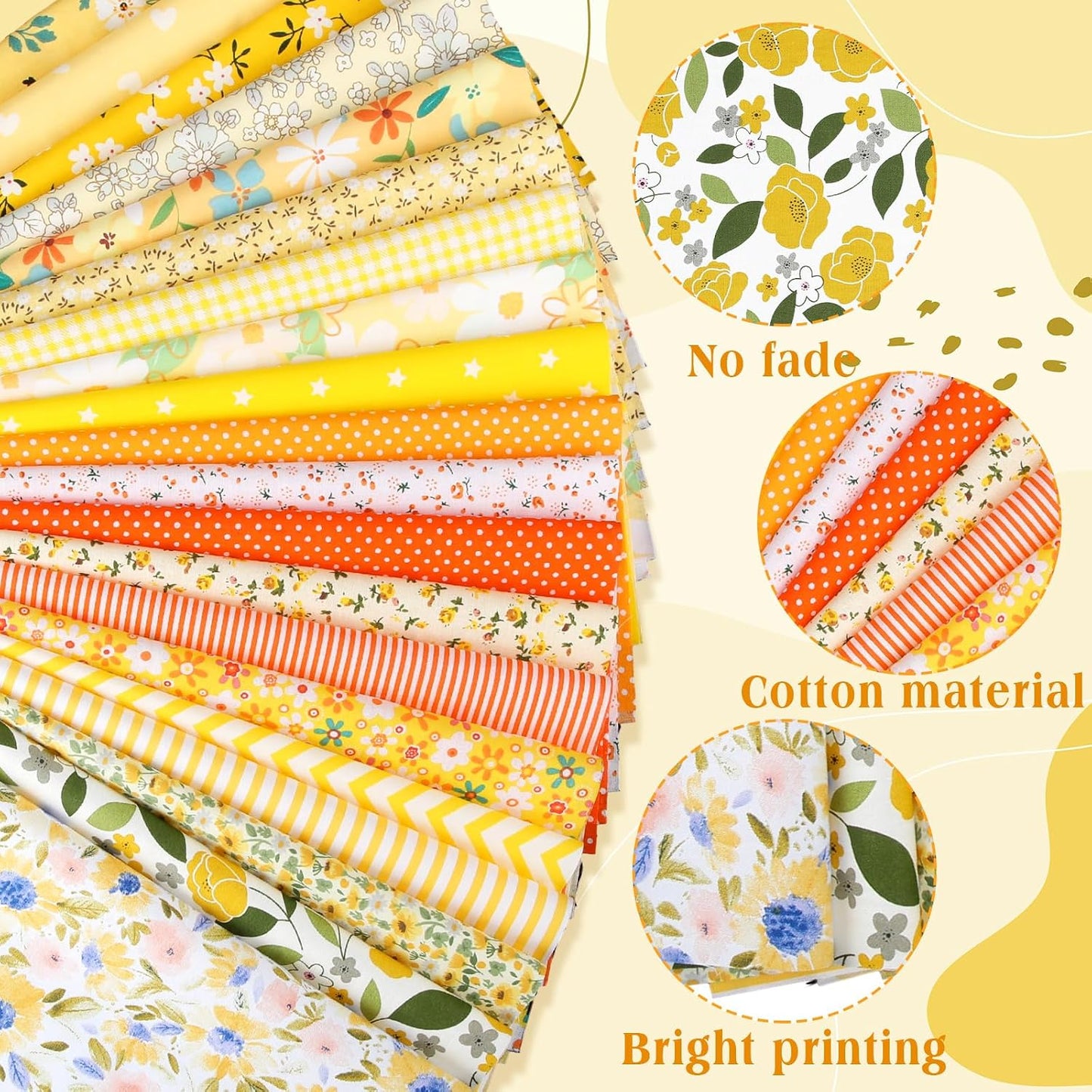 20 Pcs 10''x10'' Yellow Flower Quilting Fabric Square Spring Floral Precuts Quilted Fabric Bundle Plaid Polka Dot Stripes Printed Sewing Material for Summer Patchwork DIY Craft Supplies