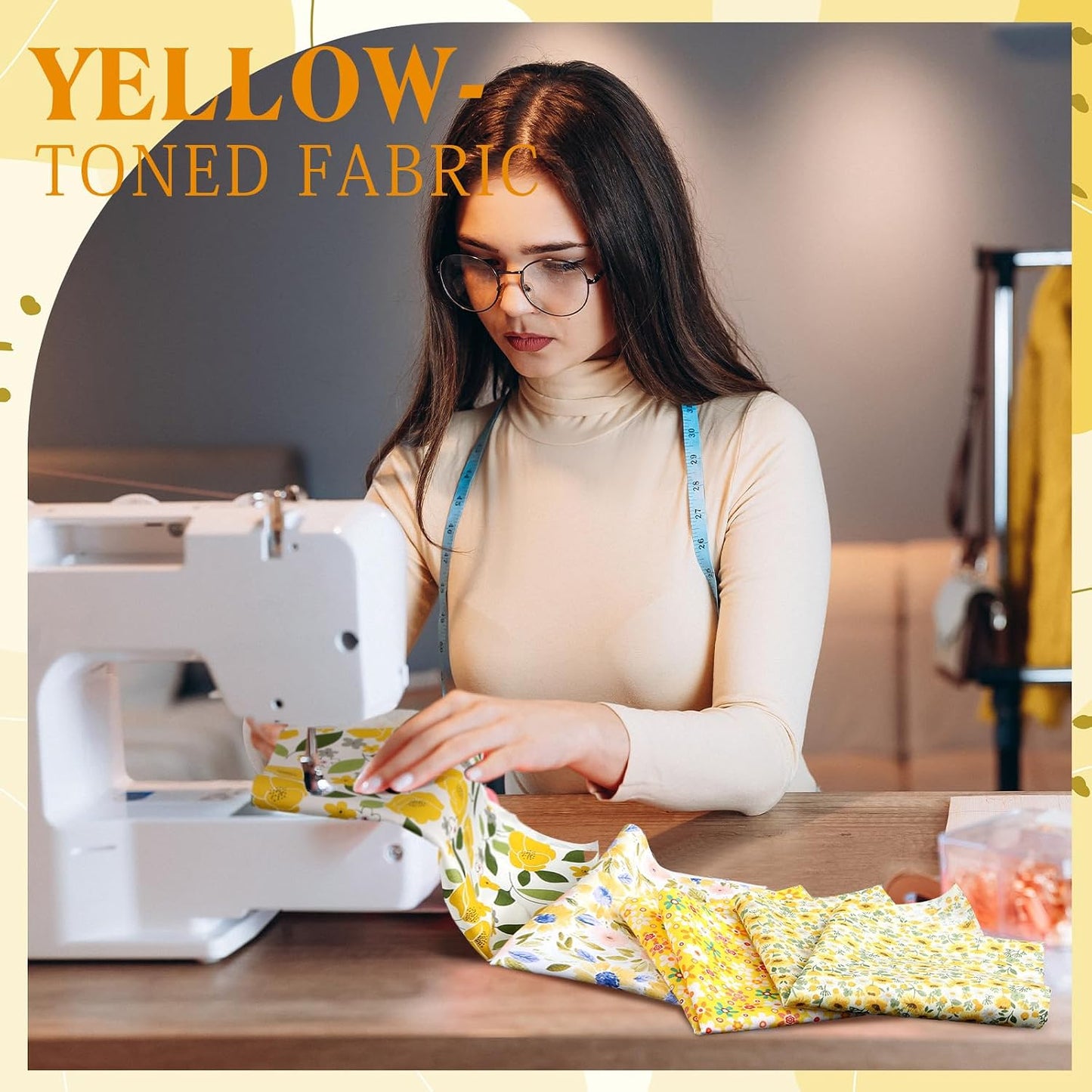 20 Pcs 10''x10'' Yellow Flower Quilting Fabric Square Spring Floral Precuts Quilted Fabric Bundle Plaid Polka Dot Stripes Printed Sewing Material for Summer Patchwork DIY Craft Supplies