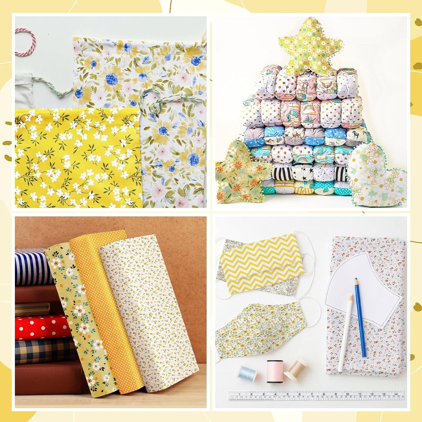 20 Pcs 10''x10'' Yellow Flower Quilting Fabric Square Spring Floral Precuts Quilted Fabric Bundle Plaid Polka Dot Stripes Printed Sewing Material for Summer Patchwork DIY Craft Supplies