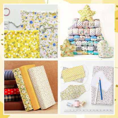 20 Pcs 10''x10'' Yellow Flower Quilting Fabric Square Spring Floral Precuts Quilted Fabric Bundle Plaid Polka Dot Stripes Printed Sewing Material for Summer Patchwork DIY Craft Supplies