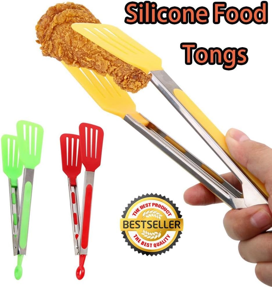 Cooking Tongs Kitchen Tongs with Silicone Tips Heavy Duty Stainless Steel Food Tongs Heat Resistant up to 230°F for Grill, BBQ, Frying, Baking(Yellow)