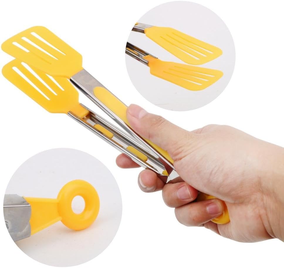 Cooking Tongs Kitchen Tongs with Silicone Tips Heavy Duty Stainless Steel Food Tongs Heat Resistant up to 230°F for Grill, BBQ, Frying, Baking(Yellow)