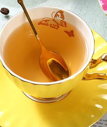 Bone China Cup and Saucer Set Ceramic Tea Coffee Cup for Breakfast Afternoon Tea - Butterfly and Elegance Series (Yellow)