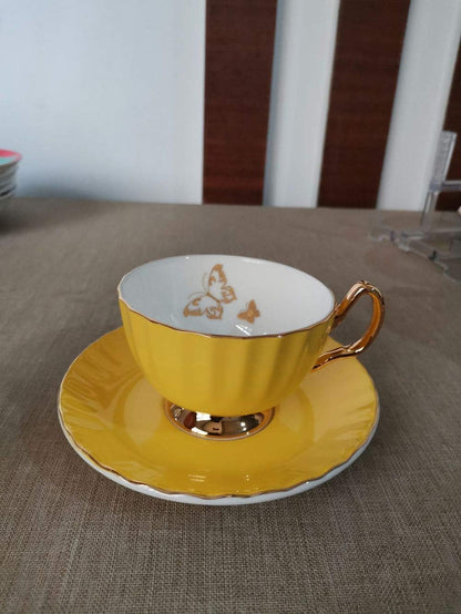 Bone China Cup and Saucer Set Ceramic Tea Coffee Cup for Breakfast Afternoon Tea - Butterfly and Elegance Series (Yellow)